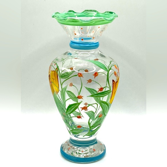 VTG Tracy Porter Hand Painted Glass Flower Vase Ruffled Rim Yellow Tulip 6.5 in - Picture 2 of 10